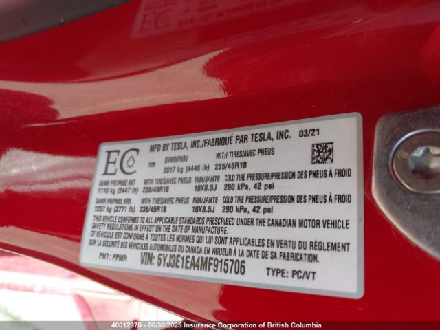 5YJ3E1EA4MF915706 Tesla MODEL 3