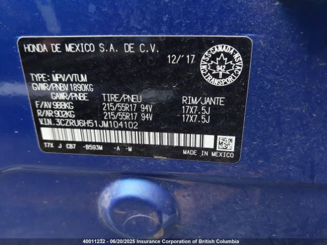 3CZRU6H51JM104102 Honda r18z9