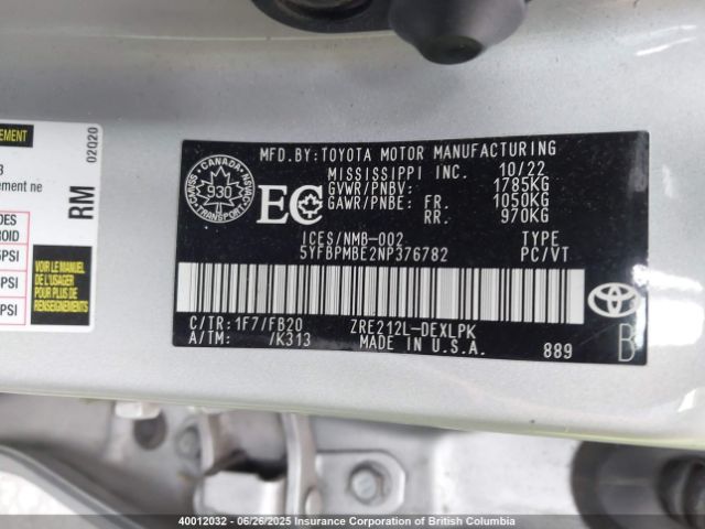 5YFBPMBE2NP376782 Toyota 2zr-fae