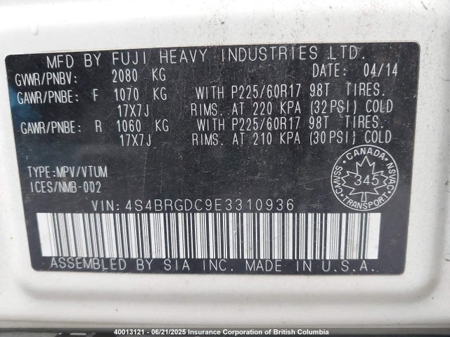 4S4BRGDC9E3310936 Subaru 2.5na c0