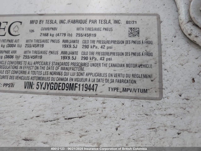 5YJYGDED9MF119447 Tesla Model Y