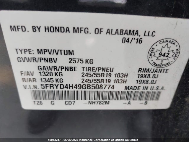 5FRYD4H49GB508774 Acura j35y5
