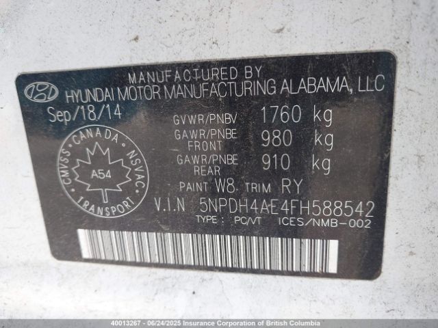 5NPDH4AE4FH588542 Hyundai dohc mpi nu