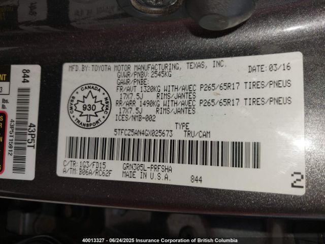 5TFCZ5AN4GX025673 Toyota 2gr-fks