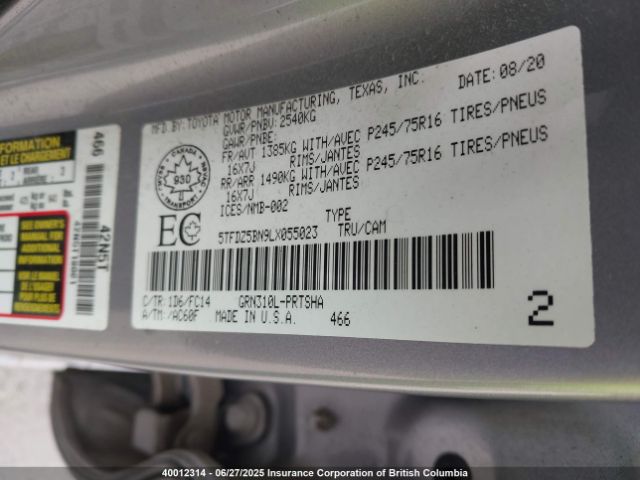5TFDZ5BN9LX055023 Toyota 2gr-fks