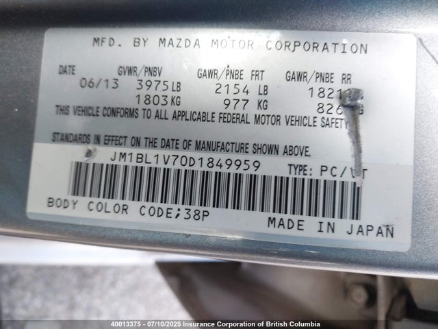 2013 Mazda 3 I მანქანა იყიდება აუქციონზე, vin: JM1BL1V70D1849959, აუქციონის ნომერი: 40013375