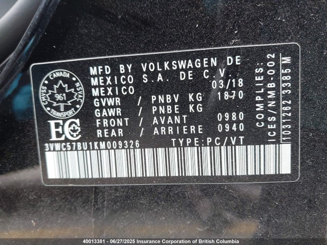 3VWC57BU1KM009326 Volkswagen 1.4 tsi