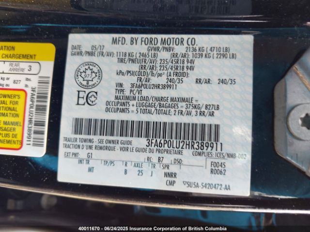 3FA6P0LU2HR389911 Ford 2.0l 4v atk hev