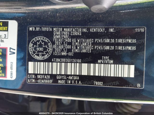 4T3BK3BB3GU126166 Toyota 2gr-fe