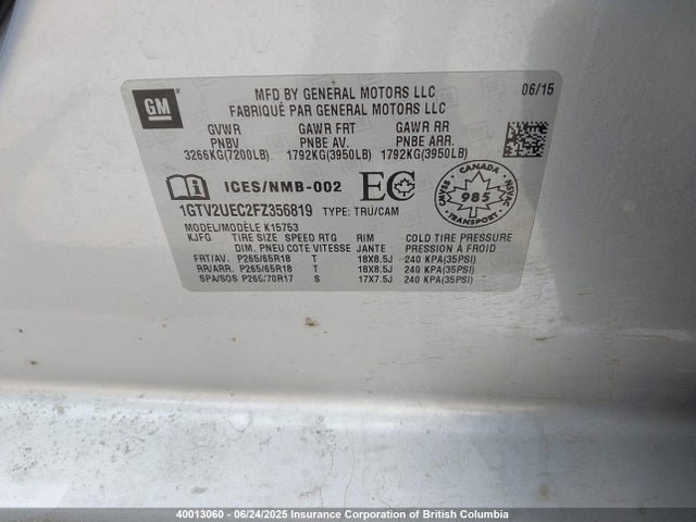 1GTV2UEC2FZ356819 GMC l83 - vvt, active fuel management, aluminum