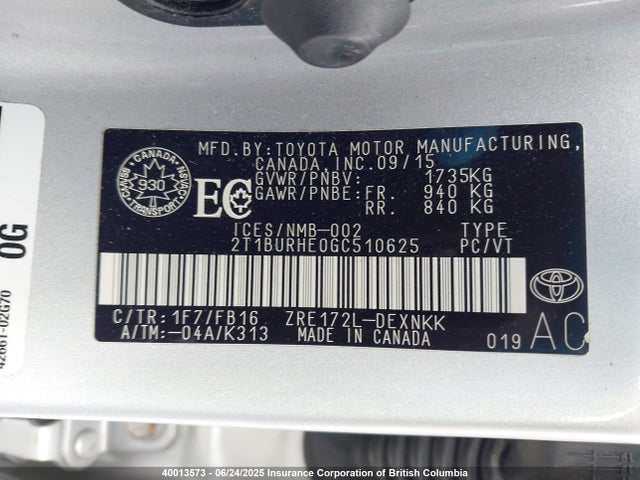 2T1BURHE0GC510625 Toyota 2zr-fe