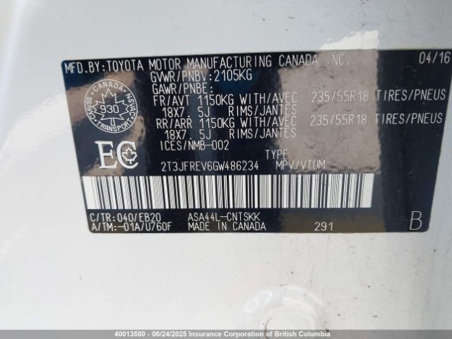2T3JFREV6GW486234 Toyota 2ar-fe