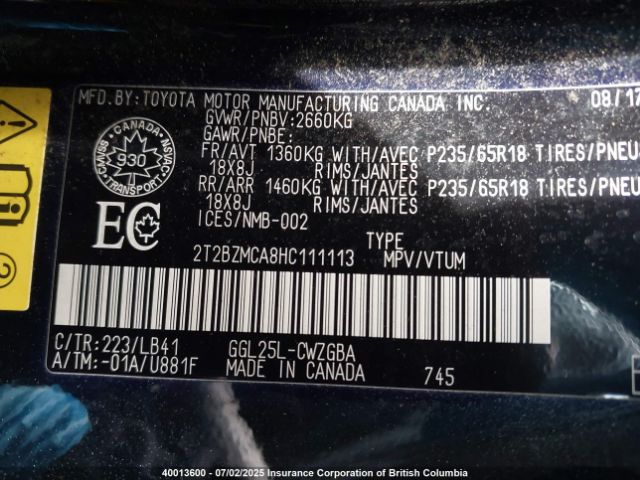 2T2BZMCA8HC111113 Lexus 2017