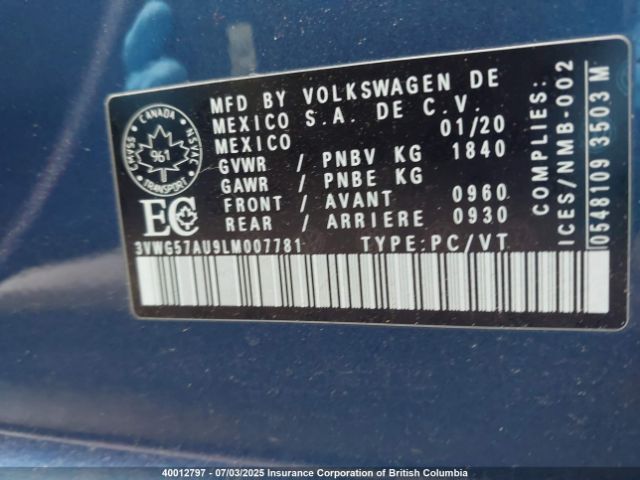 3VWG57AU9LM007781 Volkswagen Golf