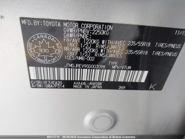 JTMDJREV9GD003098 Toyota 2ar-fxe, 2jm+2fm