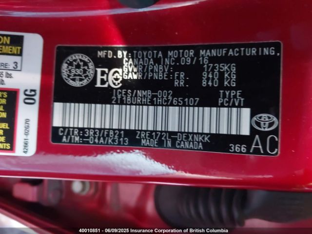 2T1BURHE1HC765107 Toyota 2zr-fe