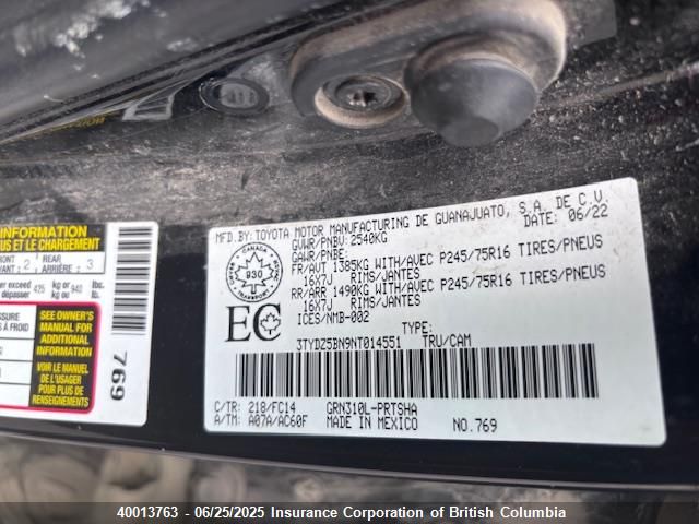 3TYDZ5BN9NT014551 Toyota 2gr-fks