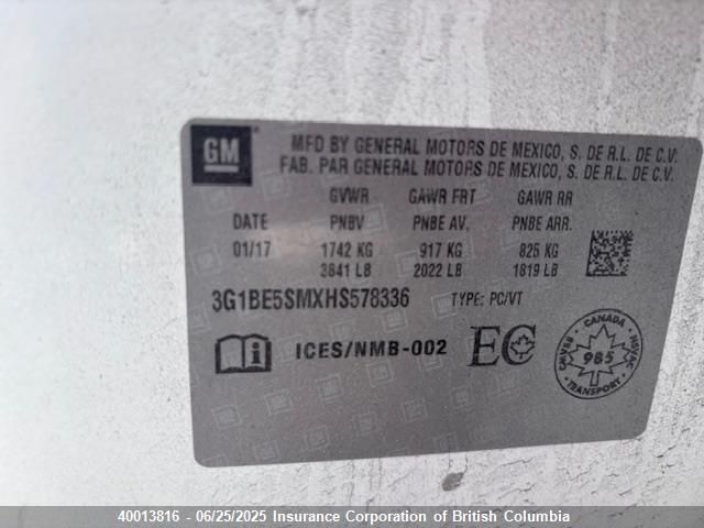 3G1BE5SMXHS578336 Chevrolet le2 -di: direct injection, vvt: variable valve timing, gen, alum