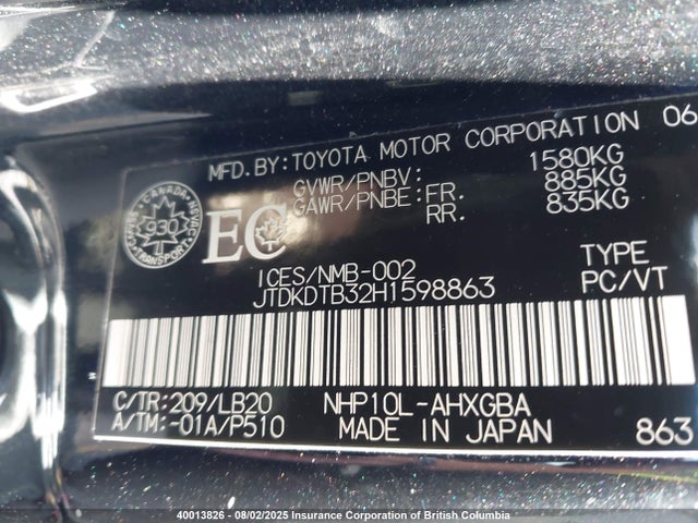JTDKDTB32H1598863 Toyota 1nz-fxe+1lm
