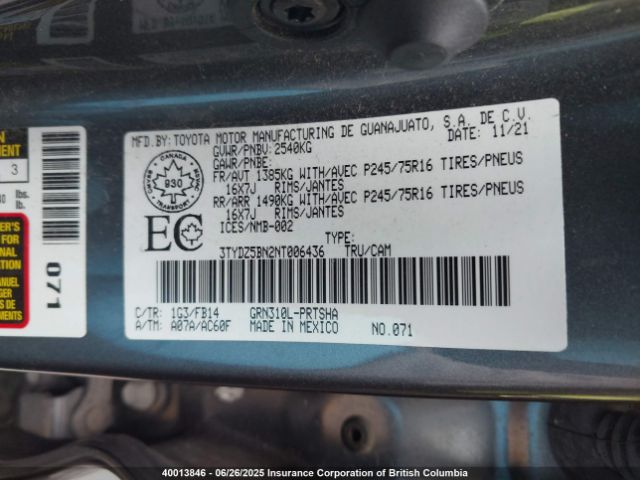 3TYDZ5BN2NT006436 Toyota 2gr-fks