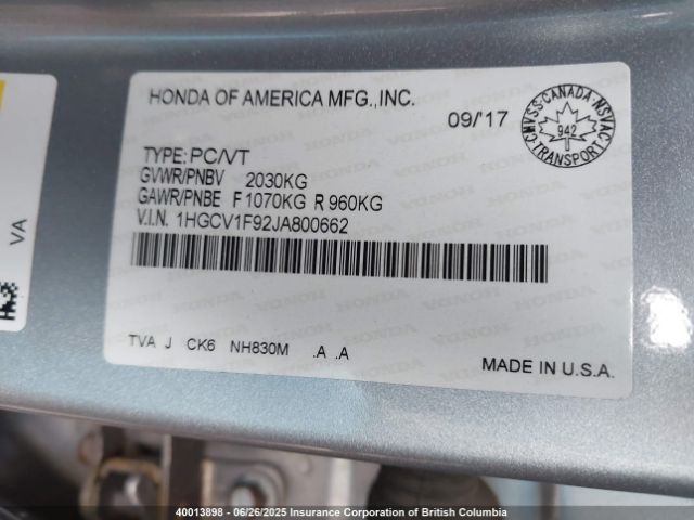 1HGCV1F92JA800662 Honda l15be