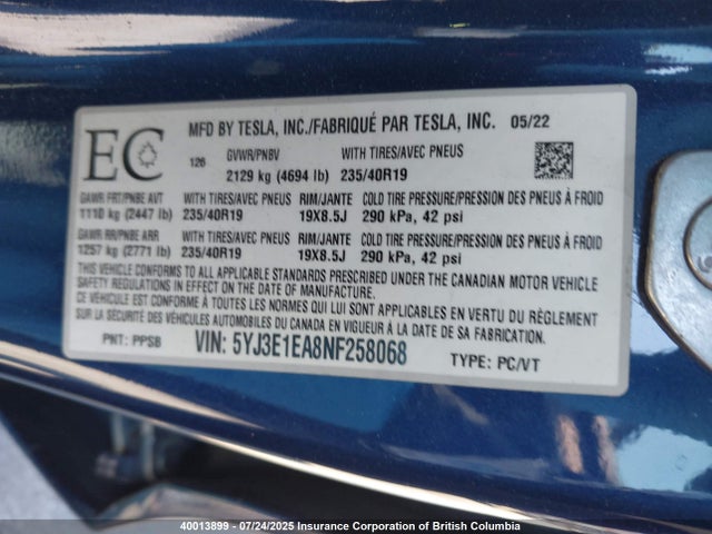 5YJ3E1EA8NF258068 Tesla MODEL 3