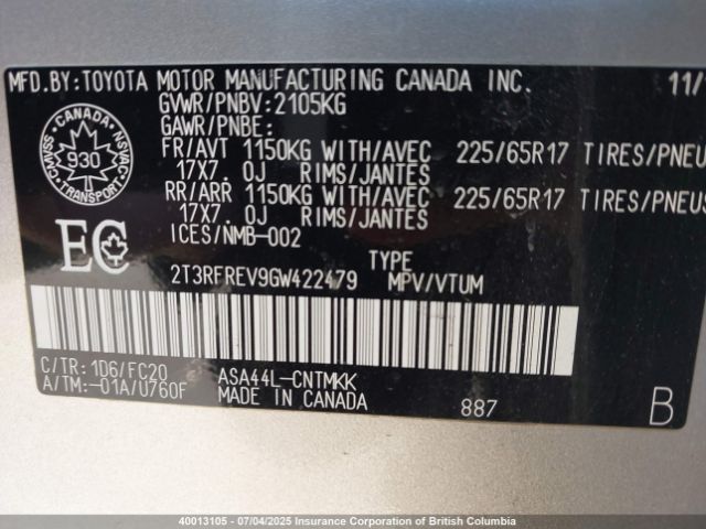 2T3RFREV9GW422479 Toyota 2ar-fe