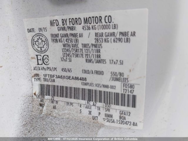 1FTBF3A6XGEA86488 Ford 2016