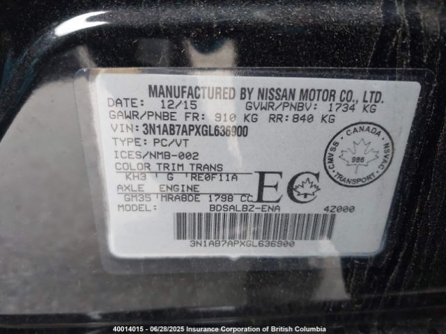 3N1AB7APXGL636900 Nissan 2016