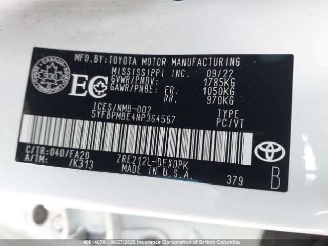 5YFBPMBE4NP364567 Toyota 2zr-fae