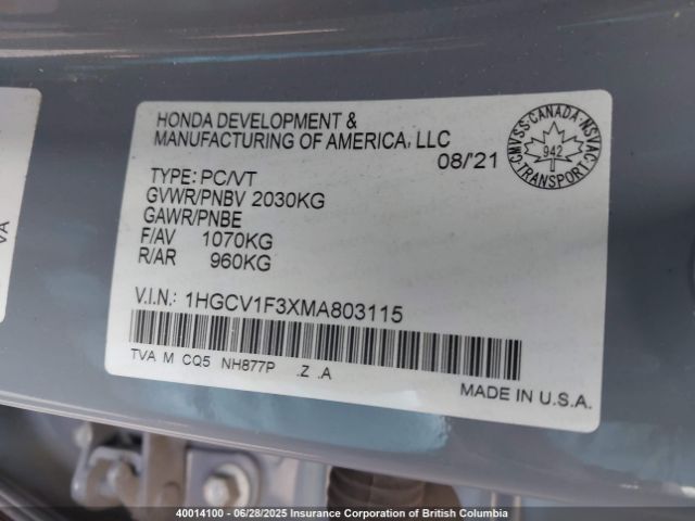 1HGCV1F3XMA803115 Honda l15be