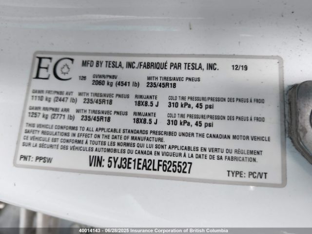 5YJ3E1EA2LF625527 Tesla MODEL 3