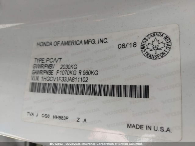 1HGCV1F33JA811102 Honda l15be