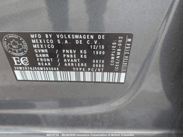 3VW267AJ5GM303044 Volkswagen 2016