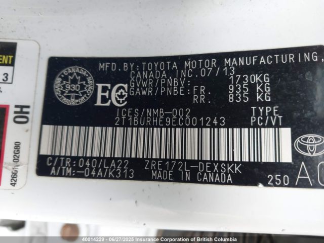 2T1BURHE9EC001243 Toyota 2zr-fe