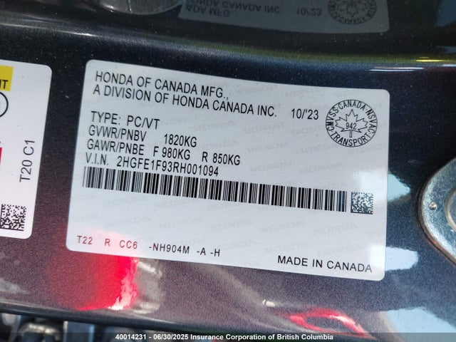 Honda l15b7 2024 2HGFE1F93RH001094 Image 18