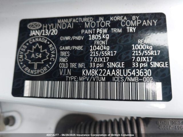 KM8K22AA8LU543630 Hyundai mpi nu