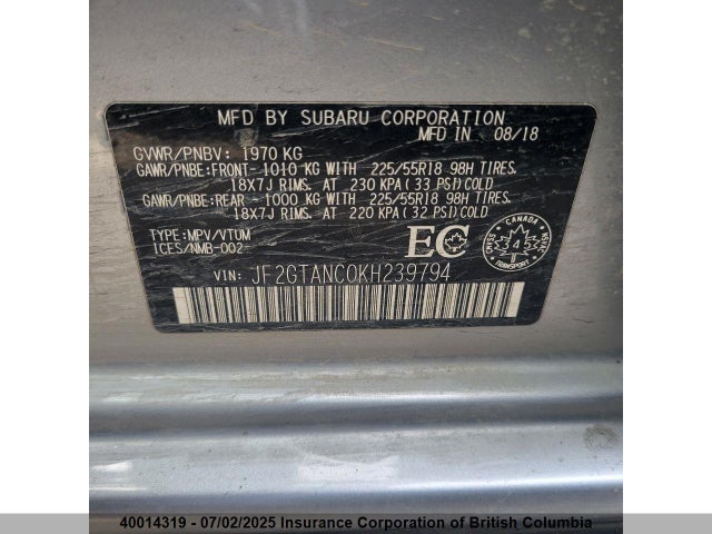 JF2GTANC0KH239794 Subaru naturally aspirated