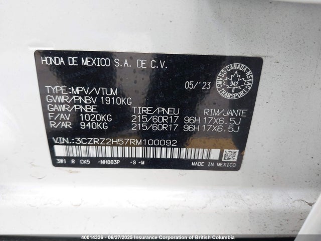 3CZRZ2H57RM100092 Honda k20z5