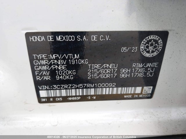 3CZRZ2H57RM100092 Honda k20z5