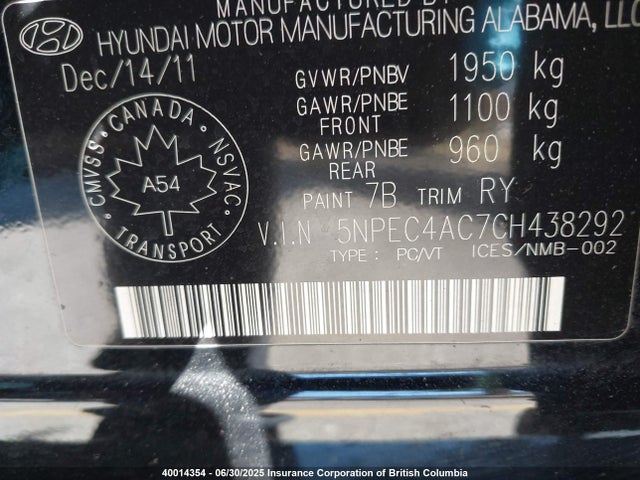 40014354 :رقم المزاد ، 5NPEC4AC7CH438292 vin ، 2012 Hyundai Sonata Se/limited مزاد بيع