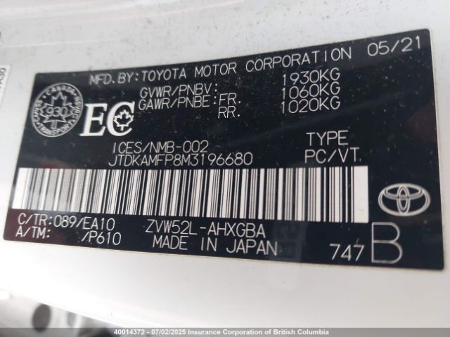 JTDKAMFP8M3196680 Toyota 2zr-fxe, 1nm+1sm
