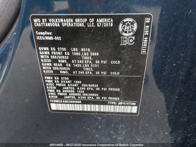 1V2NR2CA8KC590895 Volkswagen 2019