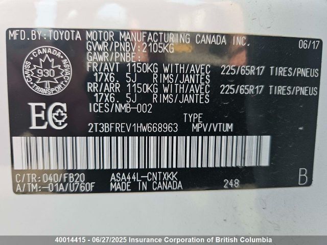 2T3BFREV1HW668963 Toyota 2ar-fe