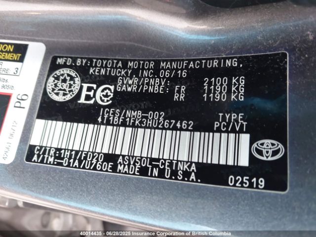 4T1BF1FK3HU267462 Toyota 2ar-fe