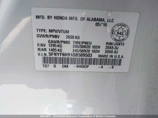 5FNYF6H91GB509503 Honda j35y6