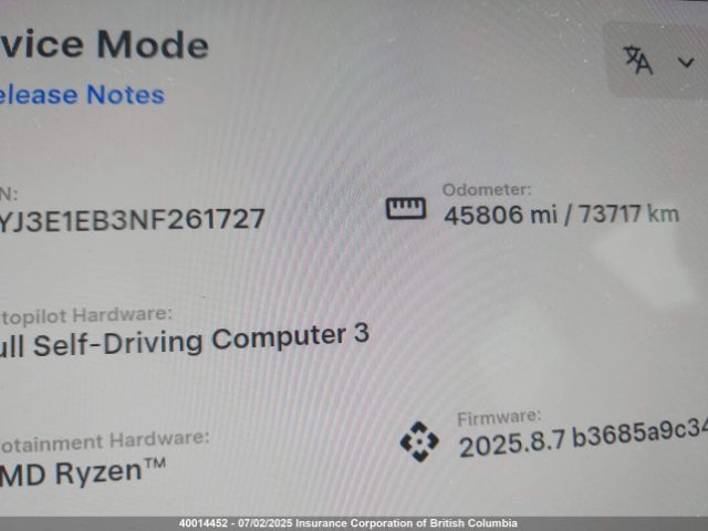 5YJ3E1EB3NF261727 Tesla MODEL 3