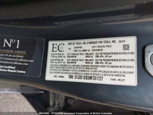 5YJ3E1EB3NF261727 Tesla MODEL 3