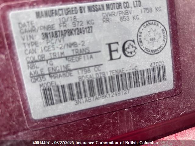 3N1AB7AP8KY249127 Nissan 2019