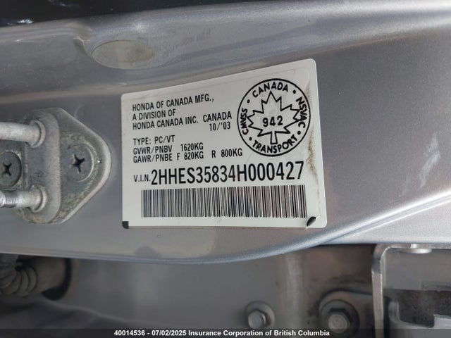 40014536 :رقم المزاد ، 2HHES35834H000427 vin ، 2004 Acura 1.7el Premium مزاد بيع